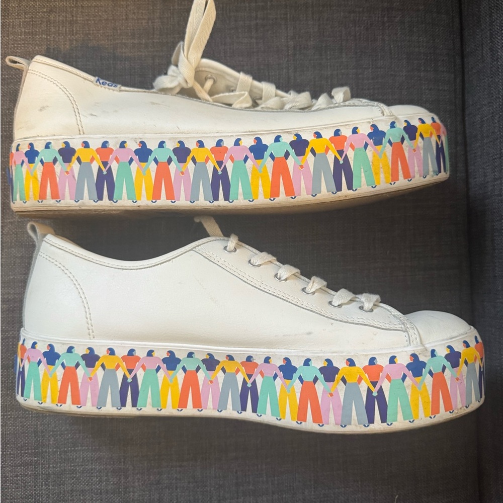 Keds White Platform Sneakers SPECIAL EDITION Multicolor People Motif - Picture 2 of 6